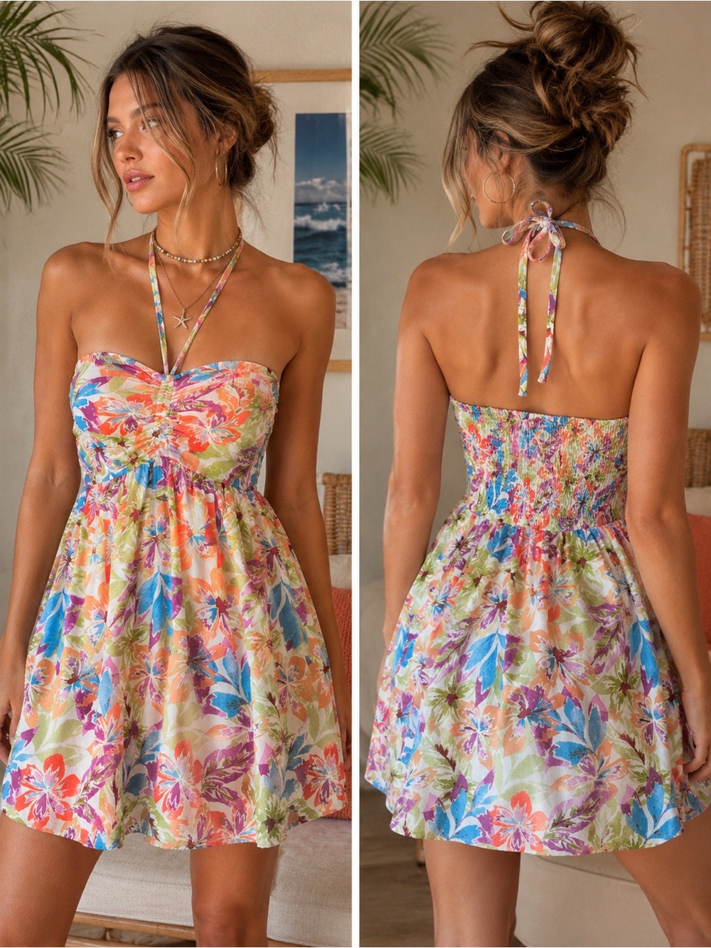 Roxy Floral Halter Strapless Mini Dress Size S Tropical Surf Y2K